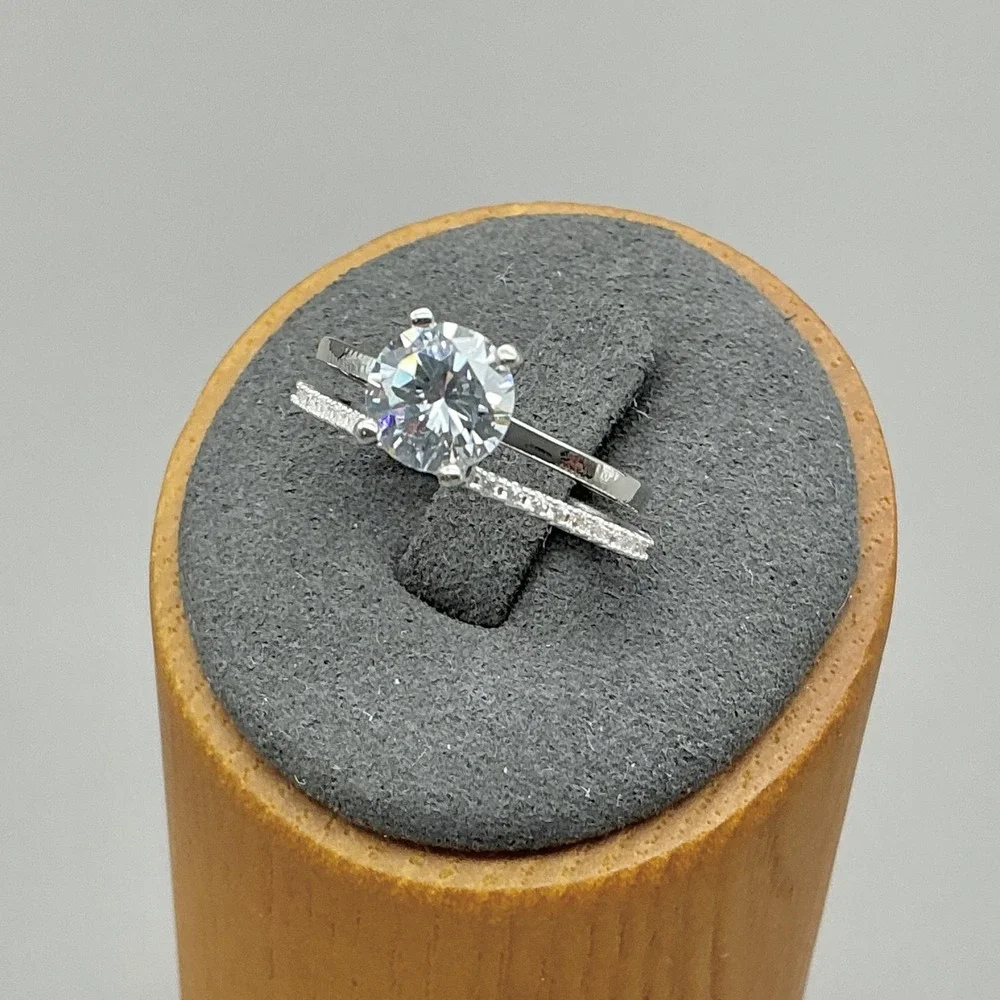 Ring Size 6.25 Silver Tone Clear Round Solitaire 2 Band Bridal Cocktail Womens